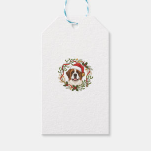Christmas St Bernard Dog Santa Hat Wreath Gift Tags