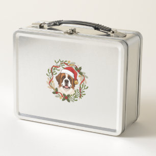 Christmas St Bernard Dog Santa Hat Wreath Metal Lunch Box