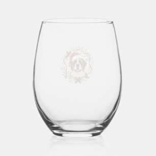 Christmas St Bernard Dog Santa Hat Wreath Stemless Wine Glass