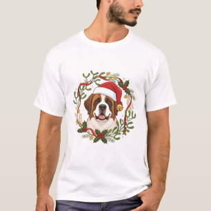 Christmas St Bernard Dog Santa Hat Wreath T-Shirt