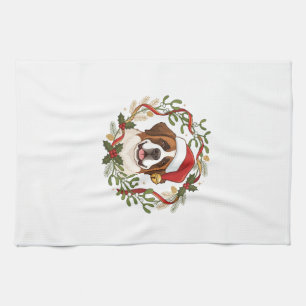 Christmas St Bernard Dog Santa Hat Wreath Tea Towel