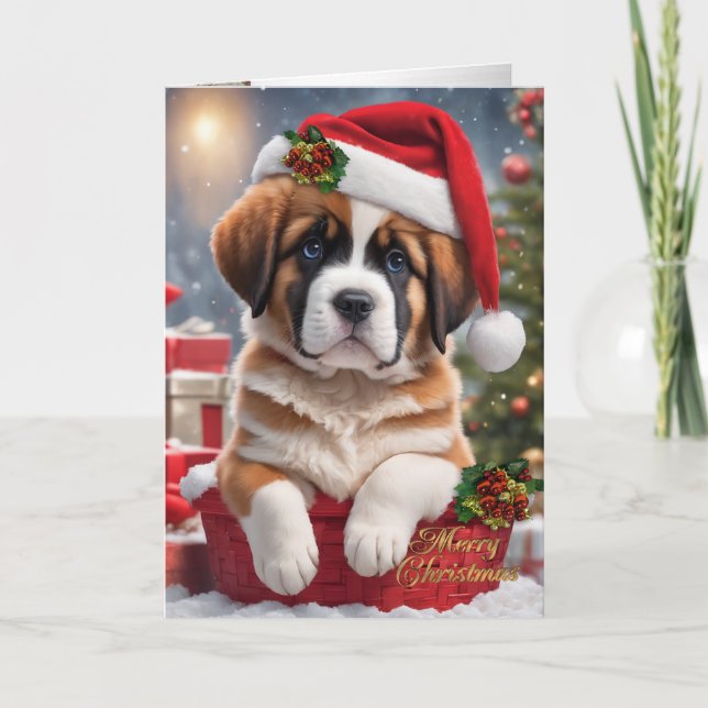 Christmas St. Bernard puppy in a basket  Holiday Card (Front)
