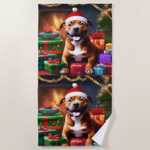 Christmas Staffordshire Bull Terrier, Beach Towel