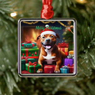 Christmas Staffordshire Bull Terrier,   Metal Tree Decoration