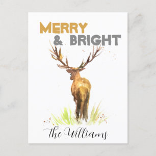 Christmas Stag Deer rustic chic watercolor Merry Postcard