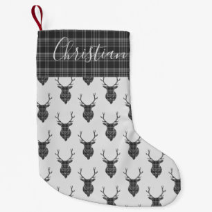 Christmas Stag Head Grey Tartan Personalised Small Christmas Stocking