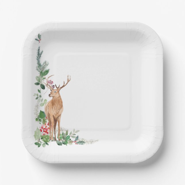 Christmas stag winter holiday greenary  paper plate (Front)