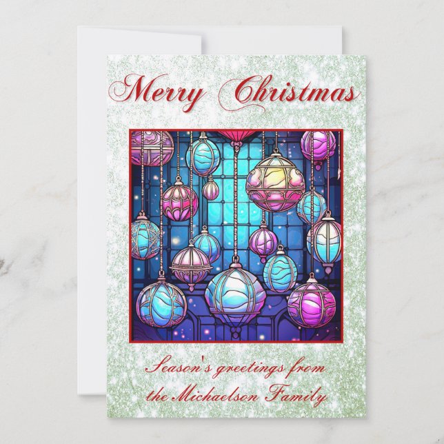 Christmas Stained Glass Baubles Green Glitter Holiday Card (Front)