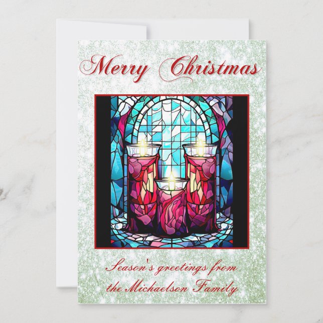 Christmas Stained Glass Candles Green Glitter Holiday Card (Front)