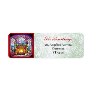 Christmas Stained Glass Fireplace Green Glitter