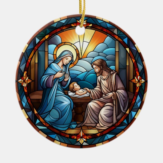 Christmas Stained Glass Nativity Scene Ceramic Tree Decoration (Front)