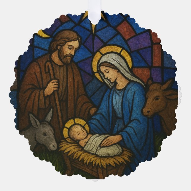 Christmas  Stained Glass Nativity Scene  Tree Decoration Card (Front)