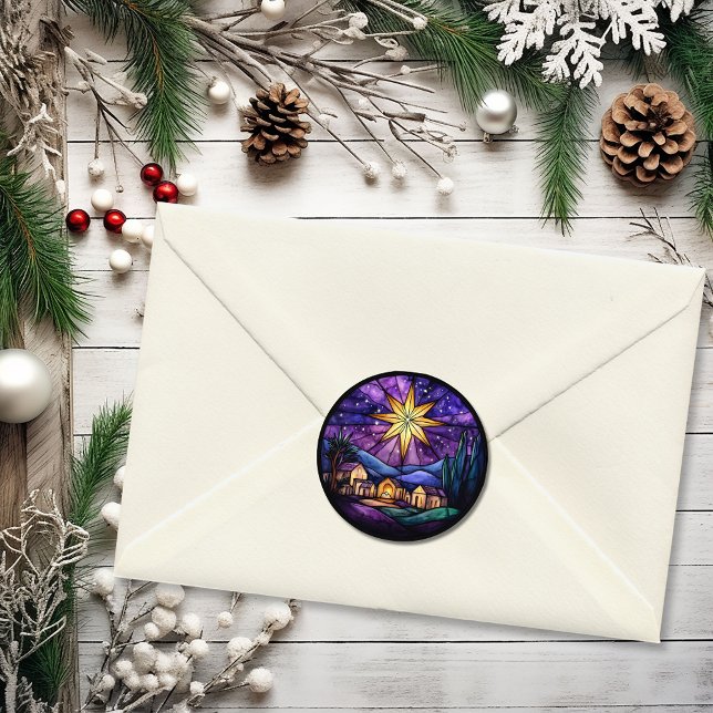 Christmas Stained Glass Purple North Star Nativity Classic Round Sticker (Christmas Stained Glass Purple North Star Nativity Classic Round Sticker)
