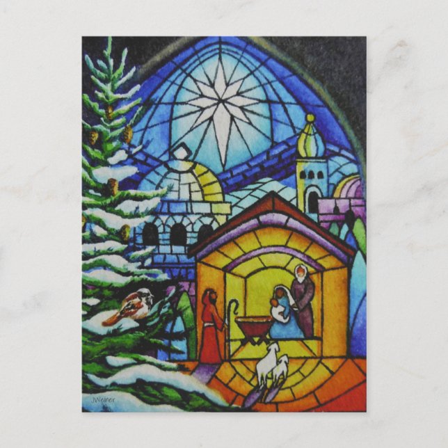 Christmas Stained Glass Window Watercolor Art Postcard (Front)
