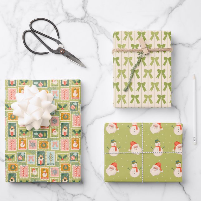 Christmas Stamps, Green Bows, Santa and Snowmen Wrapping Paper Sheet (Front)