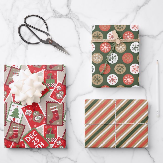 Christmas Stamps Ornaments Wrapping Paper Set of 3 (Front)