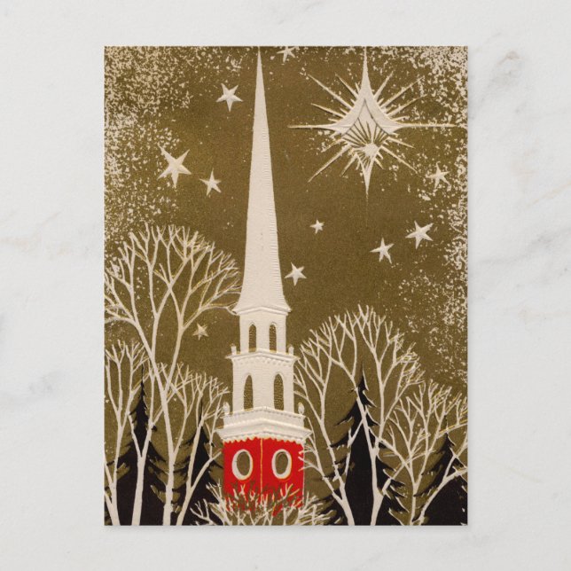 Christmas Star and Steeple on Gold Holiday Postcard (Front)