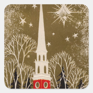 Christmas Star and Steeple on Gold Square Sticker
