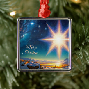 Christmas star, charming winter landscape at night metal tree decoration