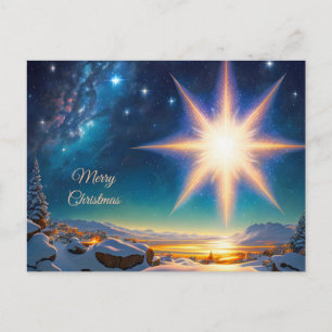 Christmas star, charming winter landscape at night postcard