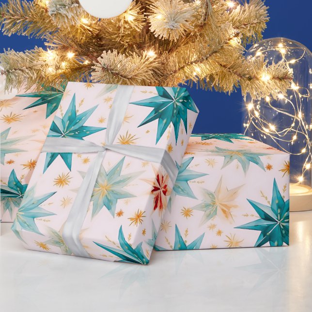 Christmas Star Ornaments Green Gold Christmas Wrapping Paper (Holidays)