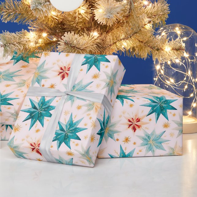 Christmas Star Ornaments Green Gold Christmas Wrapping Paper (Holidays)