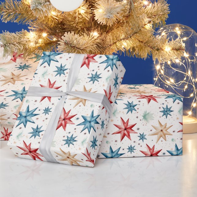 Christmas Star Ornaments Red Blue Modern Christmas Wrapping Paper (Holidays)