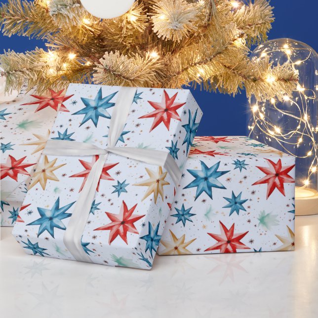Christmas Star Ornaments Red Blue Modern Christmas Wrapping Paper (Holidays)