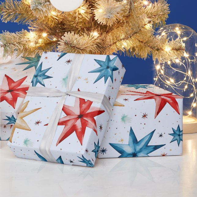 Christmas Star Ornaments Red Blue Modern Christmas Wrapping Paper (Holidays)