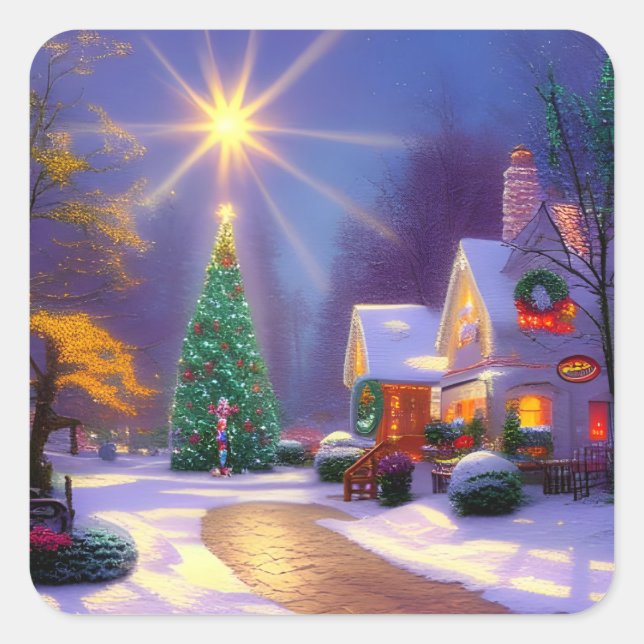 Christmas Star Shining Over a Christmas Tree Square Sticker (Front)