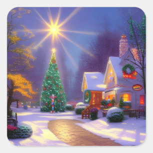 Christmas Star Shining Over a Christmas Tree Square Sticker