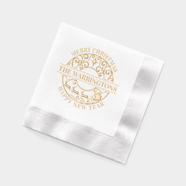 Christmas Star, Sleigh Lacy Filigree Family Name Foil Napkins (Left)