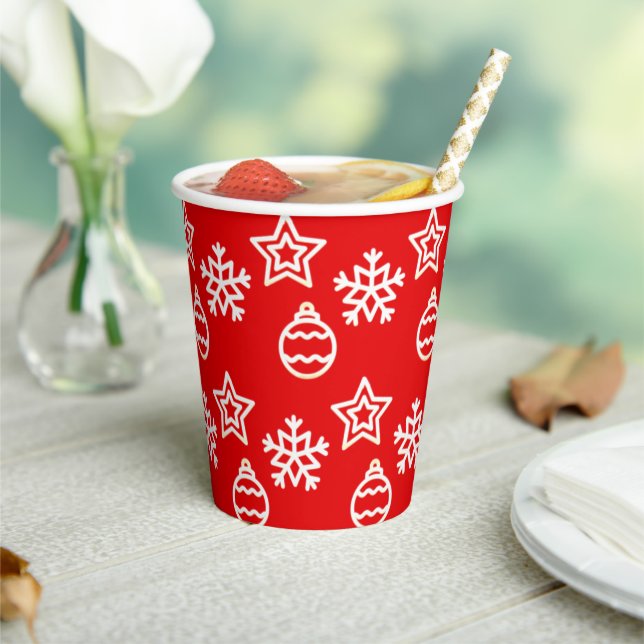 Christmas Star & Snowflake Pattern on Red Paper Cups (Insitu)