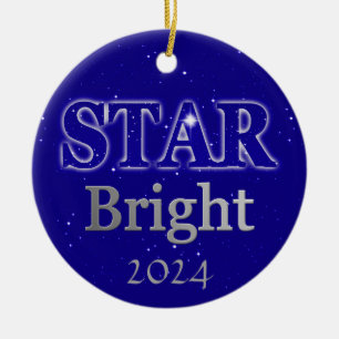 Christmas Star Word Art Deep Blue and Silver  Ceramic Tree Decoration