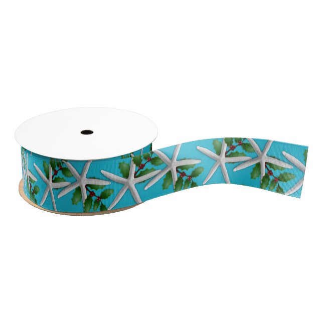 Christmas Starfish and Holly Aqua Blue Grosgrain Ribbon (Spool)