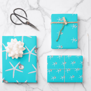 Christmas Starfish Aqua Blue Pattern Wrapping Paper Sheet