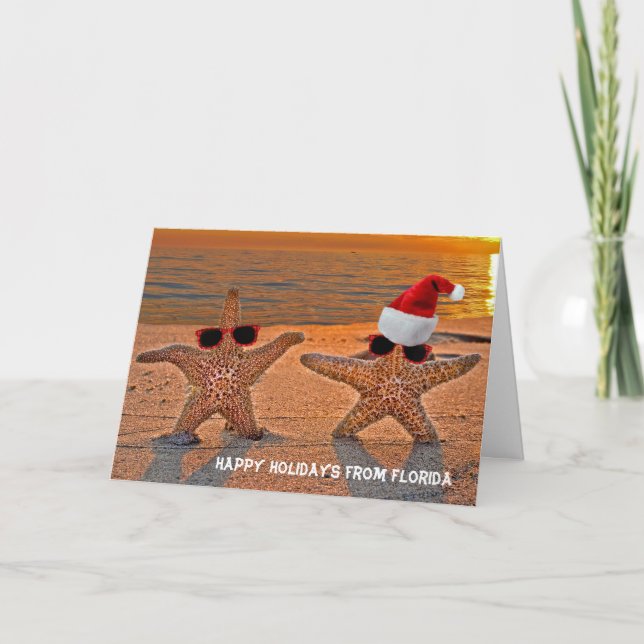 Christmas starfish couple on sunset beach holiday card (Front)
