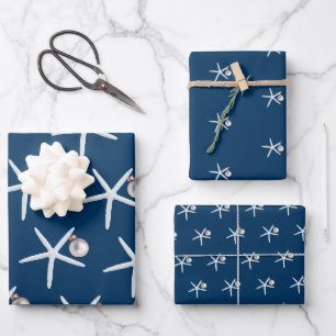 Christmas Starfish Pattern Navy blue Wrapping Paper Sheet
