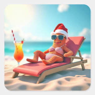 Christmas Starfish Sunbathing In a Bikini Square Sticker