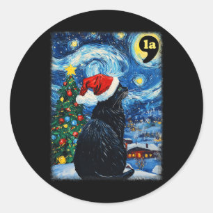 Christmas Starry Night Black Cat Comma La Kamala H Classic Round Sticker