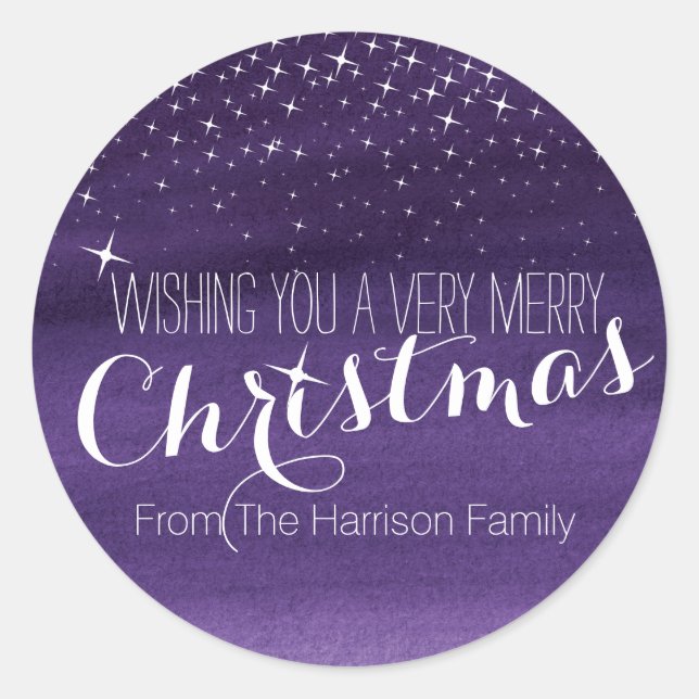 Christmas starry night stars purple round stickers (Front)