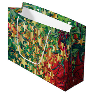 CHRISTMAS STARS Abstract Red Green Gold Festive Large Gift Bag