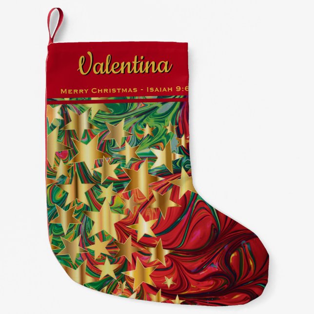 CHRISTMAS STARS Customisable Red Green Faux Gold Small Christmas Stocking (Front)