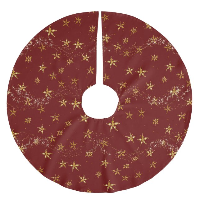 Christmas Stars Elegant Red n Gold Snowflakes  Brushed Polyester Tree Skirt (Front)