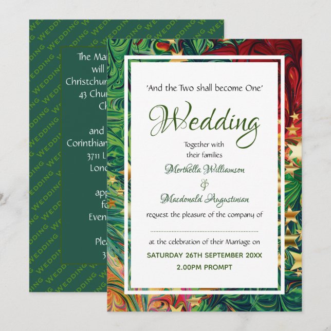 CHRISTMAS STARS Festive Red Green Gold Wedding Invitation (Front/Back)