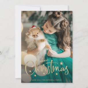Christmas Stars   Gold Handwritten Script Photo Holiday Card