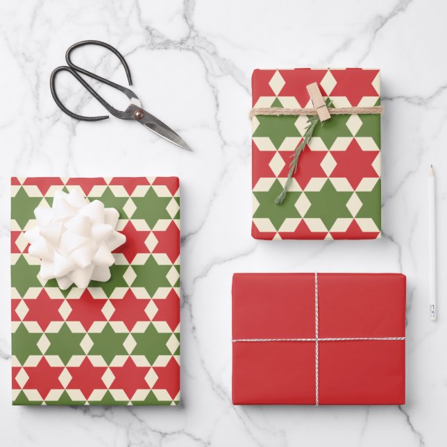 Christmas Stars in Retro Red, Olive Green, & Cream Wrapping Paper Sheet (Front)