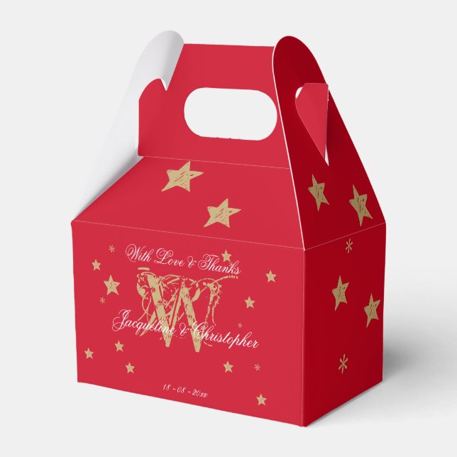 Christmas Stars Monogram And Names Chic Red Gold  Favour Box (Front Side)