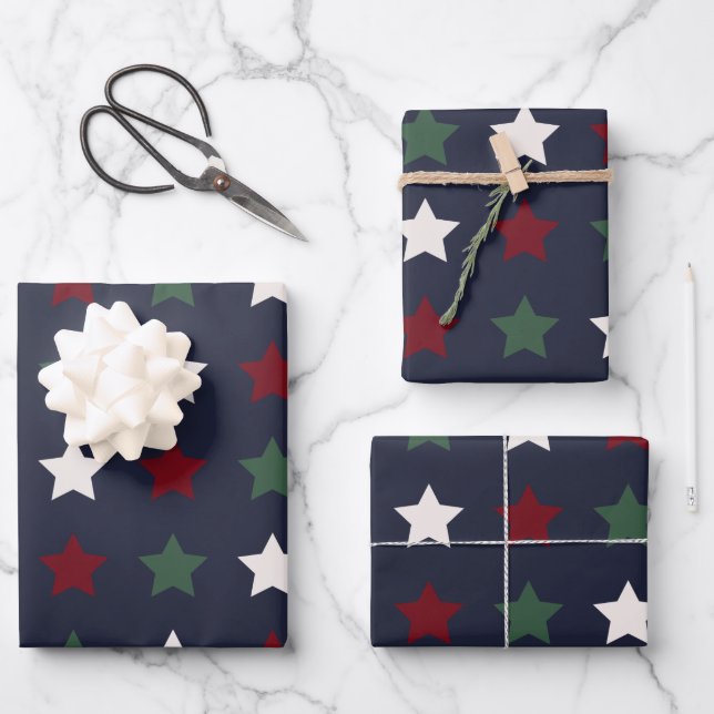 Christmas Stars Pattern Blue White Red Wrapping Paper Sheet (Front)