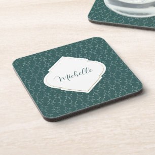 Christmas Stars Pattern Monogrammed Pine Green Coaster